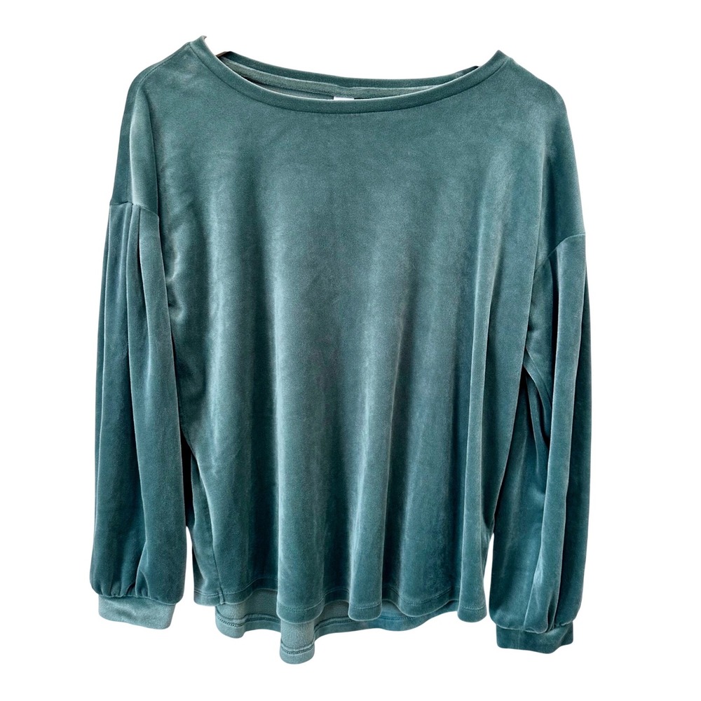 Women's Sage Green Velour Puff Sleeve Sweatshirt Relaxed Fit Cozy Top Stretchy M